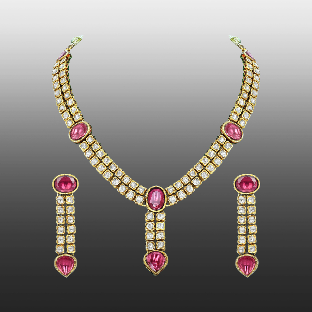 Polki Diamond Necklace Set with Deep Pink Gemstones and Drop